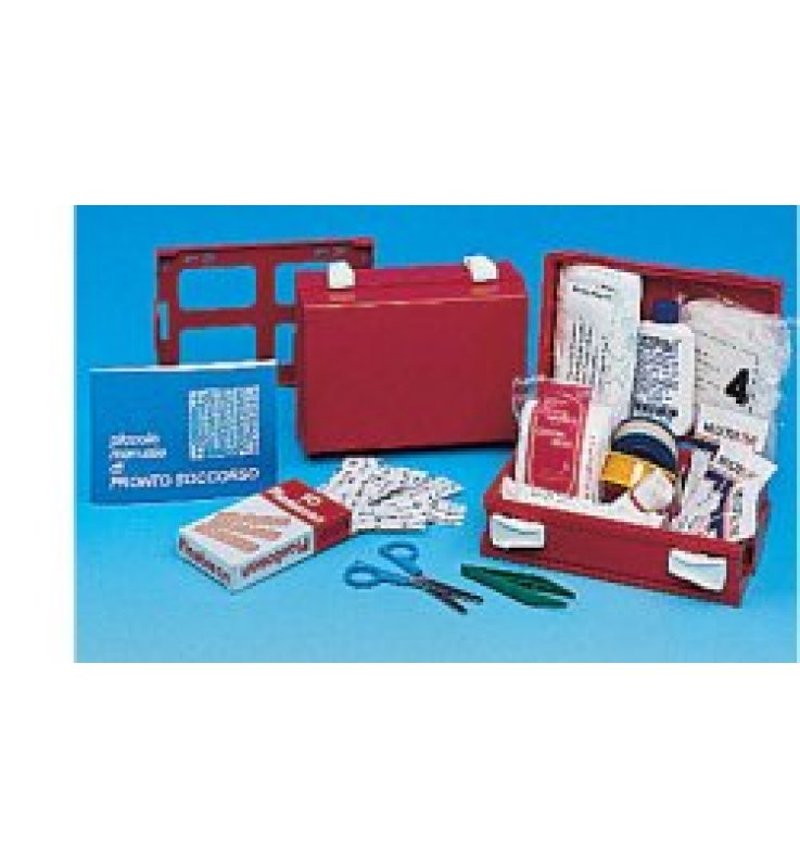 CASSETTA PRONTO SOCCORSO MINIKIT PER CASA, UFFICIO E TEMPO LIBERO. CONTENITORE IN ABS ANTIURTO E CON SUPPORTO PER IL FISSAGGIO ALLA PARETE