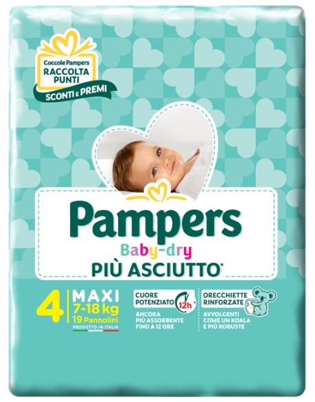 PANNOLINI PER BAMBINI PAMPERS BABY DRY DOWNCOUNT NO FLASH MAXI 19 PEZZI