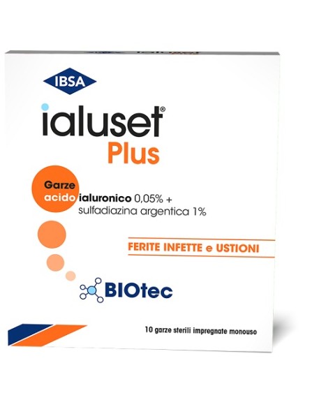 GARZA IALUSET PLUS IMPREGNATA DI CREMA DI ACIDO IALURONICO 0,05%, DI SULFADIAZINA ARGENTICA 1%, MACROGOL, GLICEROLO E ACQUA 10 X 10 CM 10 PEZZI