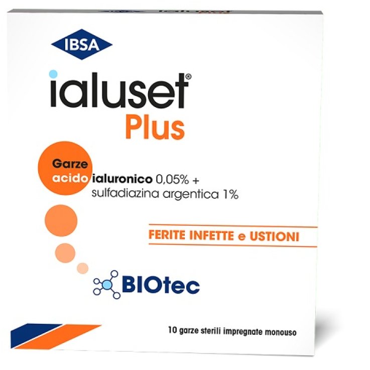 GARZA IALUSET PLUS IMPREGNATA DI CREMA DI ACIDO IALURONICO 0,05%, DI SULFADIAZINA ARGENTICA 1%, MACROGOL, GLICEROLO E ACQUA 10 X 10 CM 10 PEZZI GARZA IALUSET PLUS IMPREGNATA DI CREMA DI ACIDO IALURONICO 0,05%, DI SULFADIAZINA ARGENTICA 1%, MACROGOL, GLICEROLO E ACQUA 10 X 10 CM 10 PEZZI