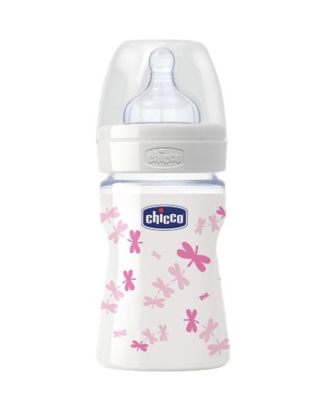 CHICCO BIBERON WELL BEING IN VETRO DECORATO GIRL DA 150 ML NORMAL SILICONE