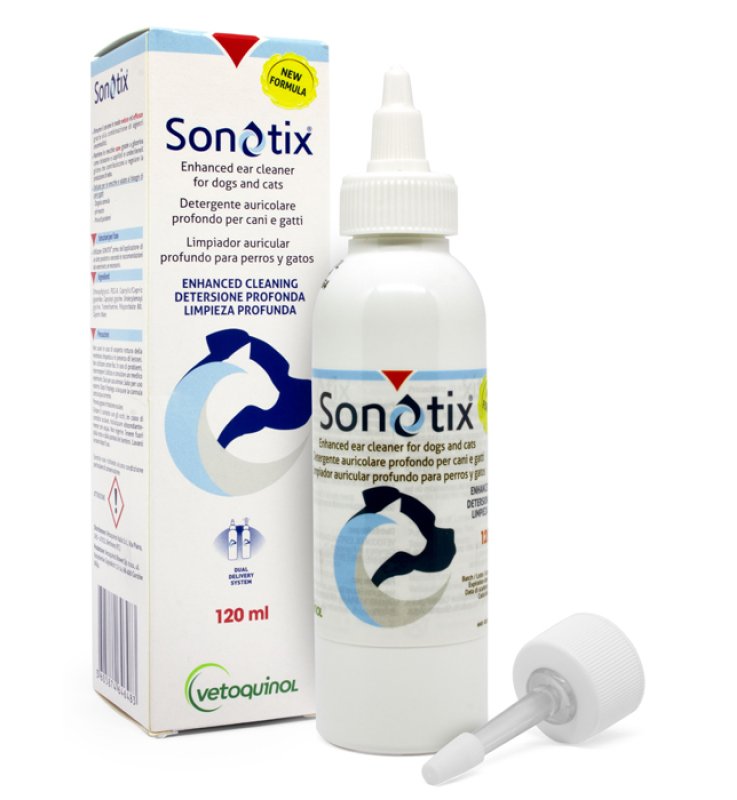 SONOTIX DETERGENTE AURICOLARE PROFONDO CANI E GATTI FLACONE120 ML + CANNULA CORTA RIGIDA + CANNULA LUNGA FLESSIBILE
