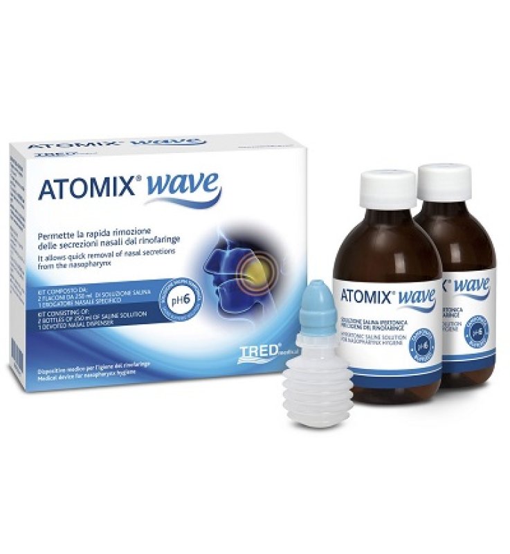 ATOMIX WAVE DISPOSITIVO PER IGIENE RINOFARINGEA ATOMIX SOLUZIONE SALINA 250 ML 2 PEZZI + TERMINALE NASALE + EROGATORE ASOFFIETTO
