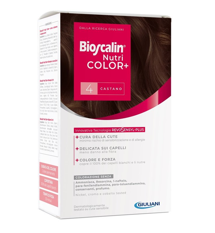 BIOSCALIN NUTRICOLOR PLUS 4 CASTANO CREMA COLORANTE 40 ML +RIVELATORE CREMA 60 ML + SHAMPOO 12 ML + TRATTAMENTO FINALEBALSAMO 12 ML