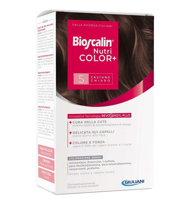 BIOSCALIN NUTRICOLOR PLUS 5 CASTANO CHIARO CREMA COLORANTE 40 ML + RIVELATORE CREMA 60 ML + SHAMPOO 12 ML + TRATTAMENTOFINALE BALSAMO 12 ML