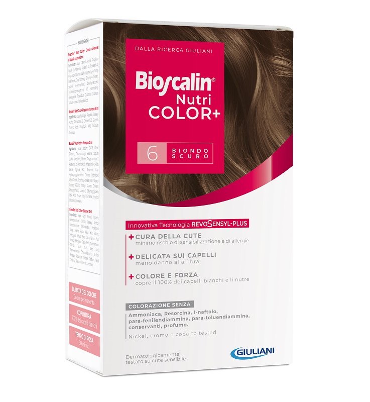 BIOSCALIN NUTRICOLOR PLUS 6 BIONDO SCURO CREMA COLORANTE 40ML + RIVELATORE CREMA 60 ML + SHAMPOO 12 ML + TRATTAMENTO FINALE BALSAMO 12 ML