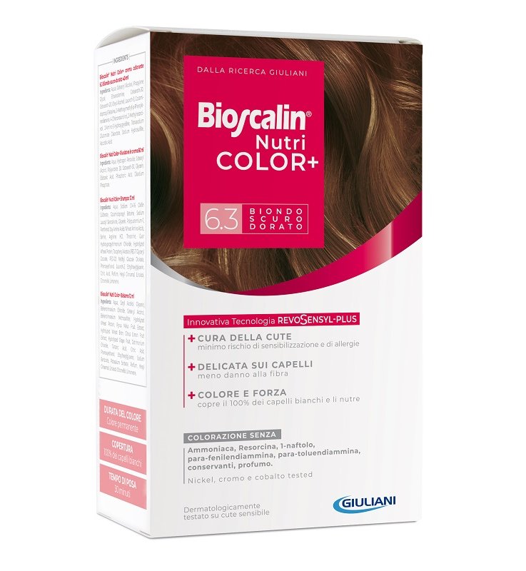 BIOSCALIN NUTRICOLOR PLUS 6,3 BIONDO SCURO DORATO CREMA COLORANTE 40 ML + RIVELATORE CREMA 60 ML + SHAMPOO 12 ML + TRATTAMENTO FINALE BALSAMO 12 ML
