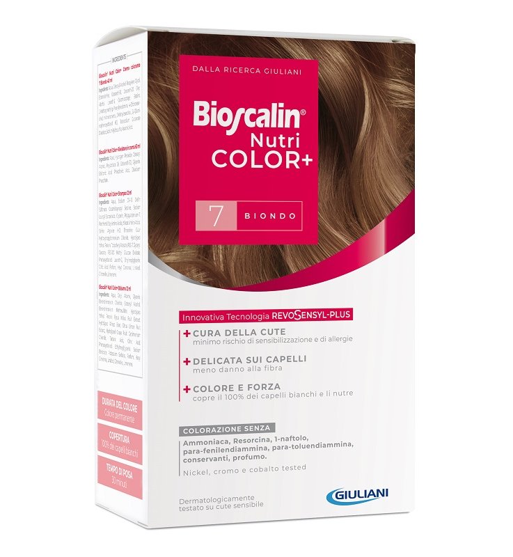 BIOSCALIN NUTRICOLOR PLUS 7 BIONDO CREMA COLORANTE 40 ML + RIVELATORE CREMA 60 ML + SHAMPOO 12 ML + TRATTAMENTO FINALE BALSAMO 12 ML