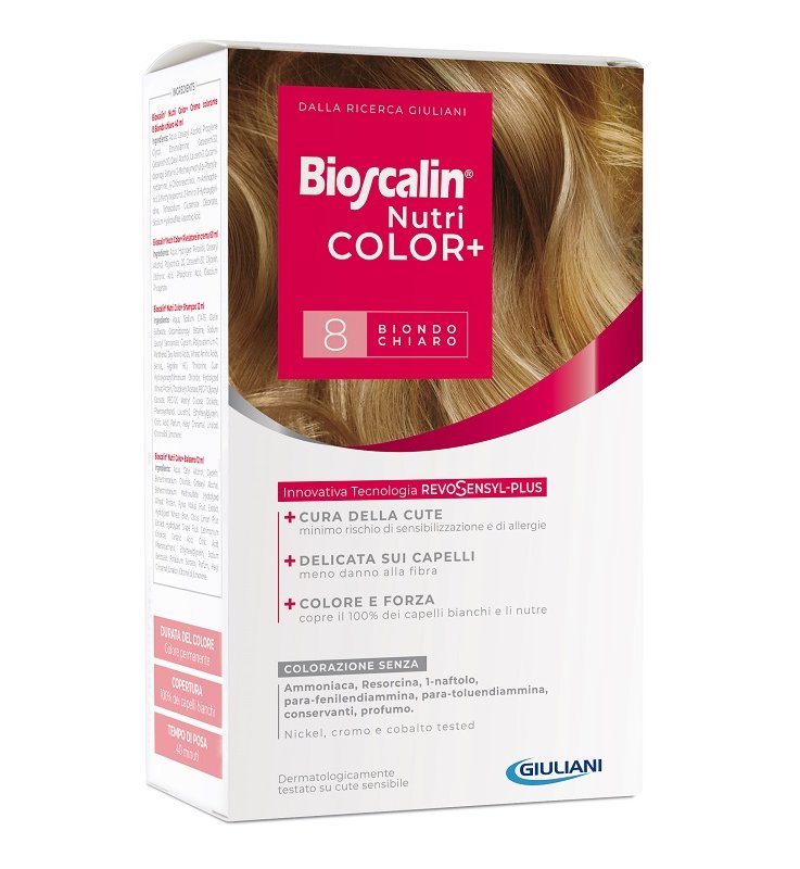 BIOSCALIN NUTRICOLOR PLUS 8 BIONDO CHIARO CREMA COLORANTE 40ML + RIVELATORE CREMA 60 ML + SHAMPOO 12 ML + TRATTAMENTO FINALE BALSAMO 12 ML