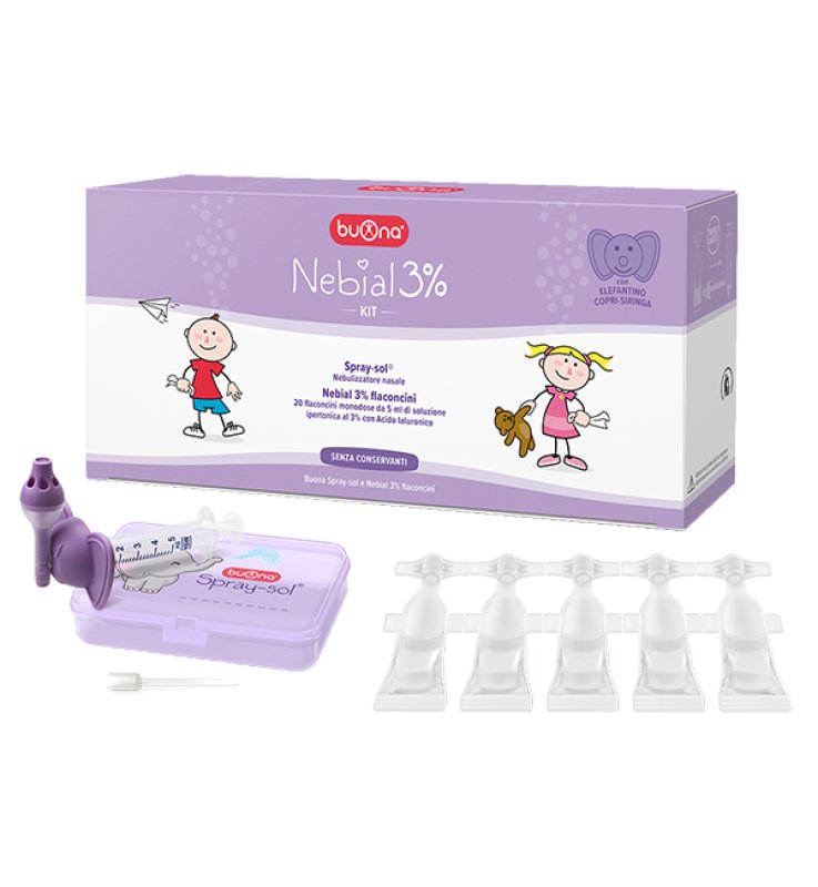 NEBIAL 3% KIT 20 FLACONCINI MONODOSE 5ML SOLUZIONE IPERTONICA CON ACIDO IALURONICO + NEBULIZZATORE SPRAY-SOL