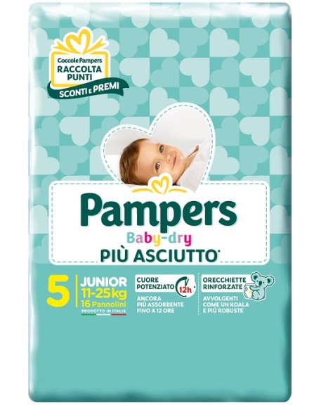 PAMPERS BABY DRY PANNOLINI DOWNCOUNT JUNIOR 16 PEZZI