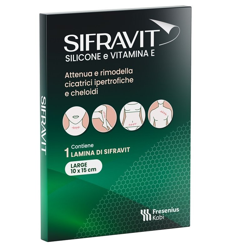 PLACCA IN SILICONE E VITAMINA E SIFRAVIT DIMENSIONI 15X10CM.INDICATA NEL TRATTAMENTO DI CHELOIDI E CICATRICI IPERTROFICHE CONSEGUENTI AD INTERVENTI C HIRURGICI, USTIONI, E FERITE