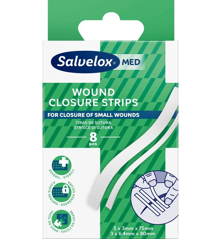STRISCE PER SUTURA SALVELOX MED WOUND CLOSURE STRIPS 5X3X75MM + 3X6,4X80MM 8 PEZZI