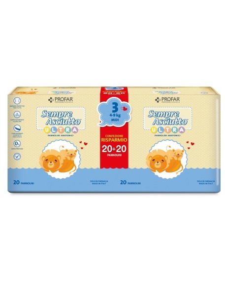 PANNOLINI PROFAR SEMPRE ASCIUTTO ULTRA MIDI 4/9 KG BIPACCO 20+20 PEZZI