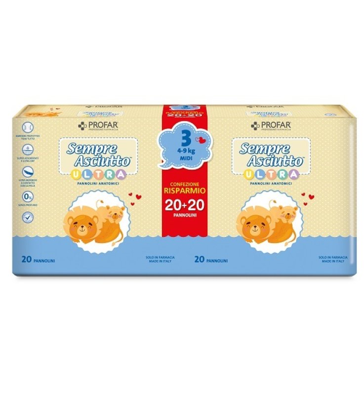 PANNOLINI PROFAR SEMPRE ASCIUTTO ULTRA MIDI 4/9 KG BIPACCO 20+20 PEZZI