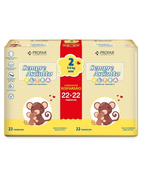 PANNOLINI PROFAR SEMPRE ASCIUTTO ULTRA MINI 3/6 KG BIPACCO 22+22 PEZZI