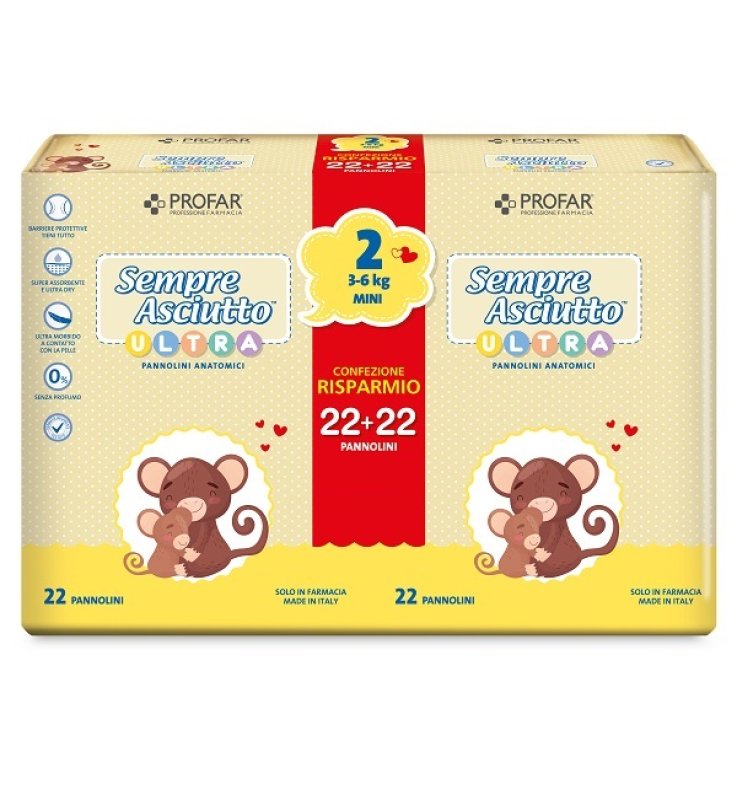 PANNOLINI PROFAR SEMPRE ASCIUTTO ULTRA MINI 3/6 KG BIPACCO 22+22 PEZZI