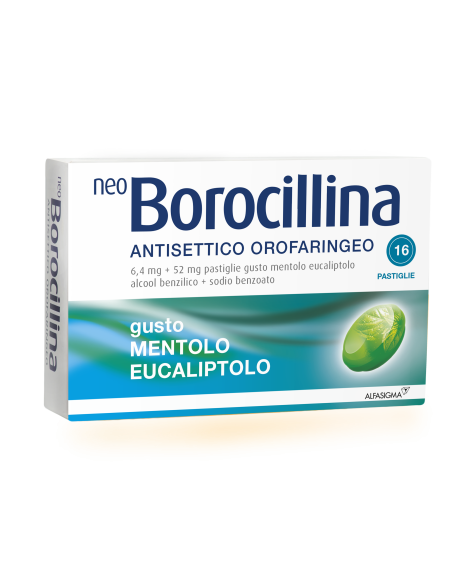 NEOBOROCILLINA ANTISETTICO OROFARINGEO*16 pastiglie 6,4 mg +52 mg mentolo eucaliptolo