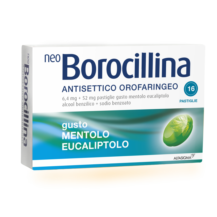 NEOBOROCILLINA ANTISETTICO OROFARINGEO*16 pastiglie 6,4 mg +52 mg mentolo eucaliptolo NEOBOROCILLINA ANTISETTICO OROFARINGEO*16 pastiglie 6,4 mg +52 mg mentolo eucaliptolo