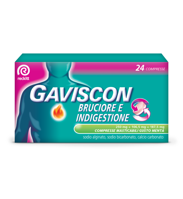 GAVISCON BRUCIORE E INDIGESTIONE*24 cpr mast 187,5 mg + 106,5 mg + 250 mg gusto menta